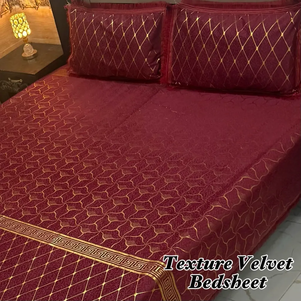 Luxury Maroon Velvet Gold Pattern Bedsheet Set - King Size